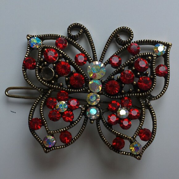 Butterfly Hair Clip, Gold color, Red rhinestone, shiny crystals - Picture 1 of 6